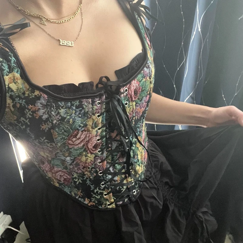

2023 New Women Floral Print Vintage Camisole Flower Embroidery Pattern Tight Vest Drawstring Tie-up Tank Top Suspender Corset