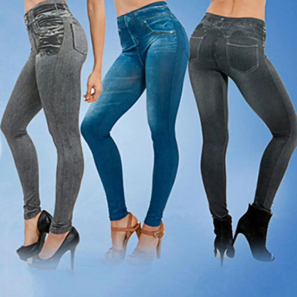 

Fashion Women's Leggings Faux Denim Jeans Sexy Elastic Jeggings Soft Casual Thin Pencil Pants Stretch Well Fitness Fake Pockets
