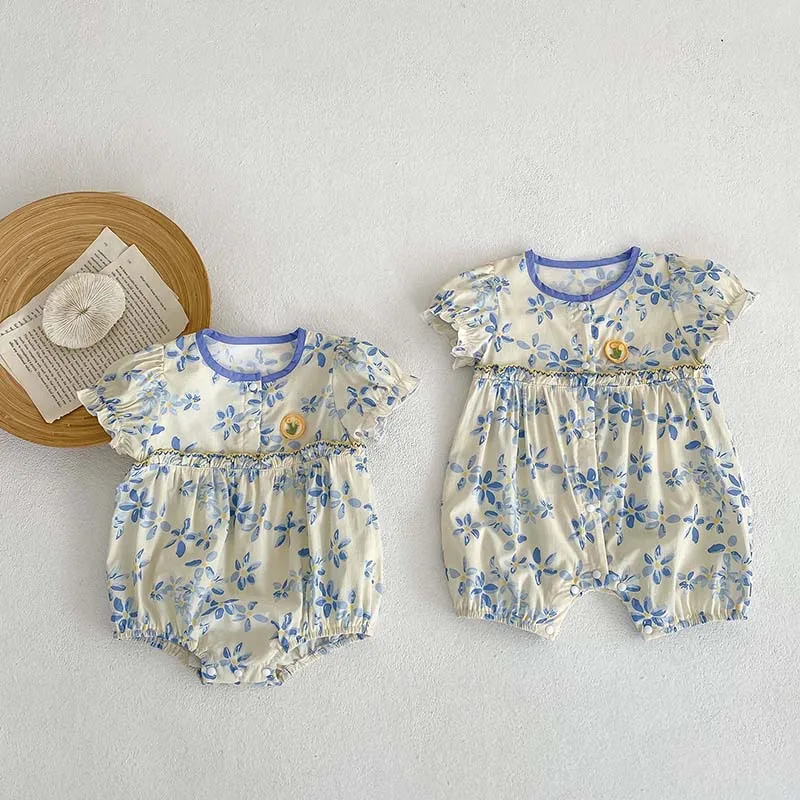 

5189B Newborn Girl's Jumpsuit Summer 2023 Korean Floral Short-sleeved Triangle Climbing Clothes Girl's One Piece Clothes