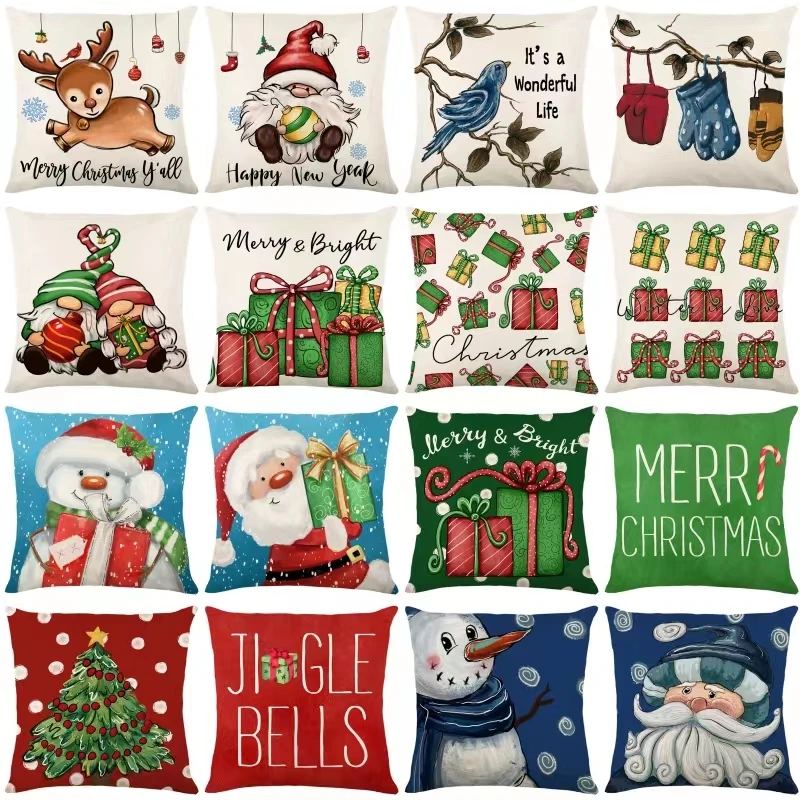 Christmas Pillow Cover 45*45 Santa Snowman Reindeer Dwarf Pillowcase Christmas Gifts Xmas Party Decorations Couch Cushion Cover