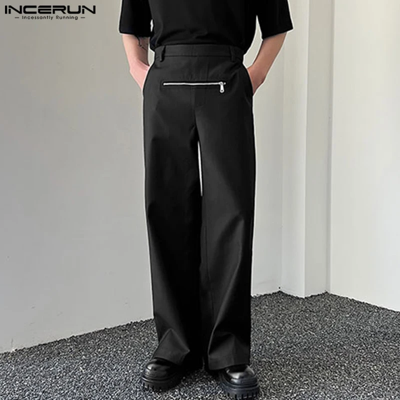 

INCERUN Men Pants Solid Color Zipper Joggers Streetwear Casual Straight Trousers Men 2023 Loose Korean Style Long Pants S-5XL