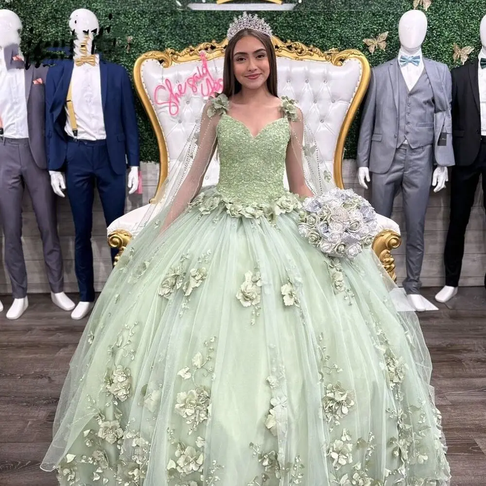 

ANGELSBRIDEP Sage Green Quinceanera Dresses Ball Gown For 15 16 Party 3D Flower With Cloak Lace Applique Birthday Princess Gowns