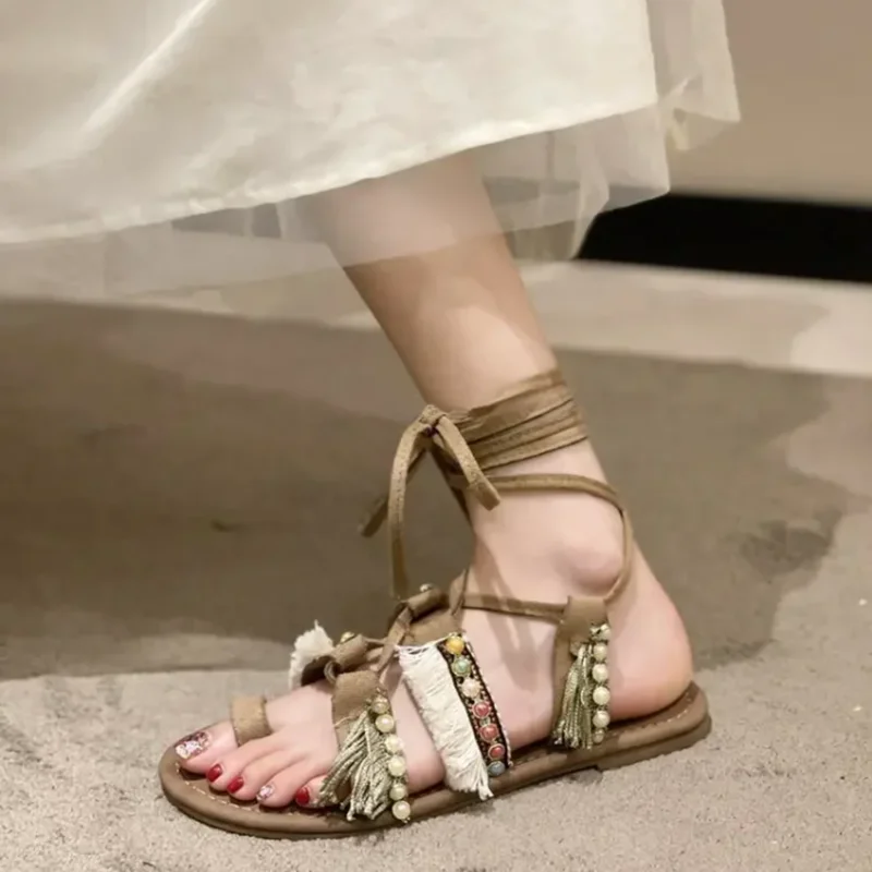 

New Design String Bead Women's Sandals Ankle Strap Flat Ladies Shoes Solid Color Hand-made Comfy Fashion Shoes For Women 2023