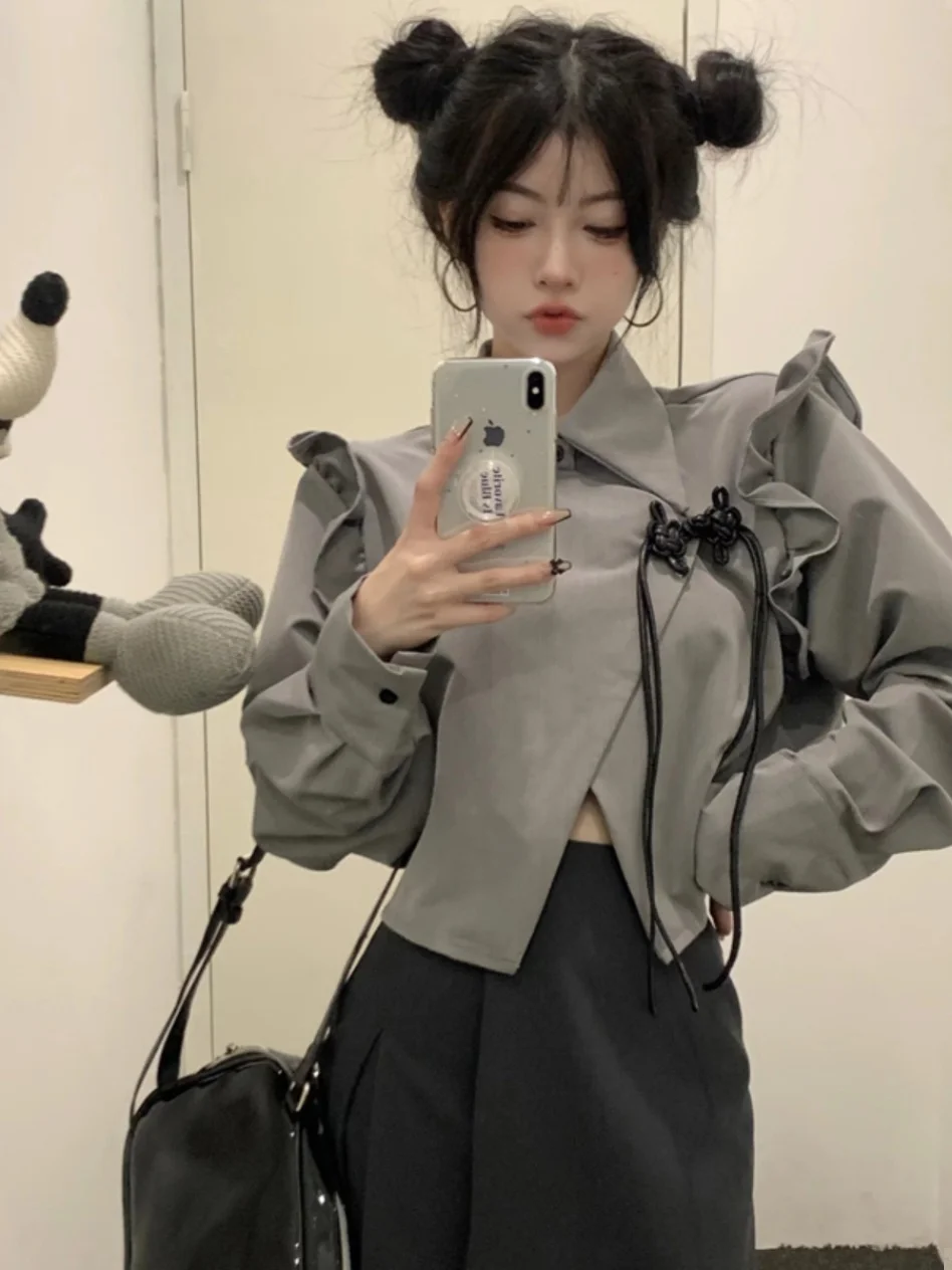 Женская рубашка с длинным рукавом серая Готическая блузка в китайском стиле