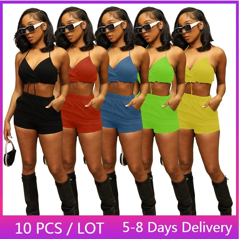 

Летние комплекты из двух предметов оптом, Женский бандажный короткий топ с открытой спиной и шорты, Клубная одежда, однотонные сексуальные пляжные наряды