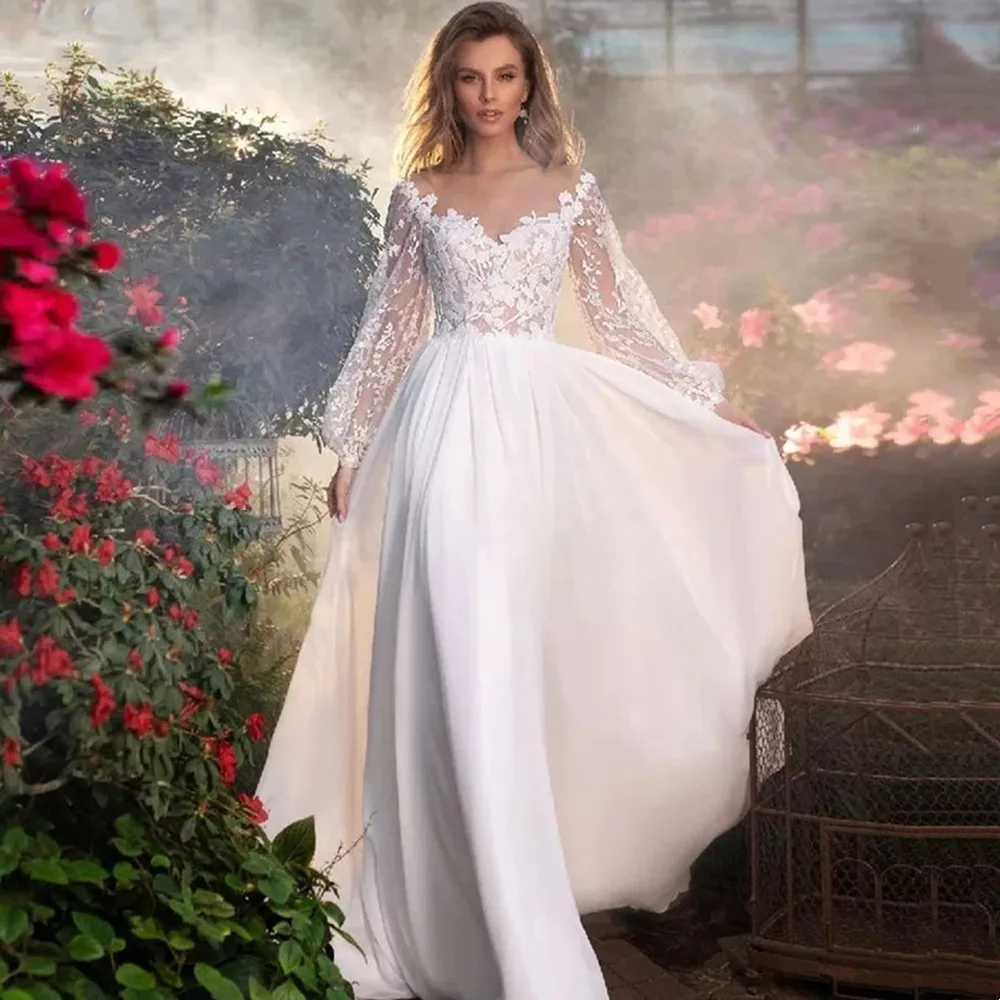 

Musetta Boho Elegant Lantern Sleeve Wedding Dress Chiffon Appliques V-Neck Bridal Gown A-Line Illusion Back ButtonTrain