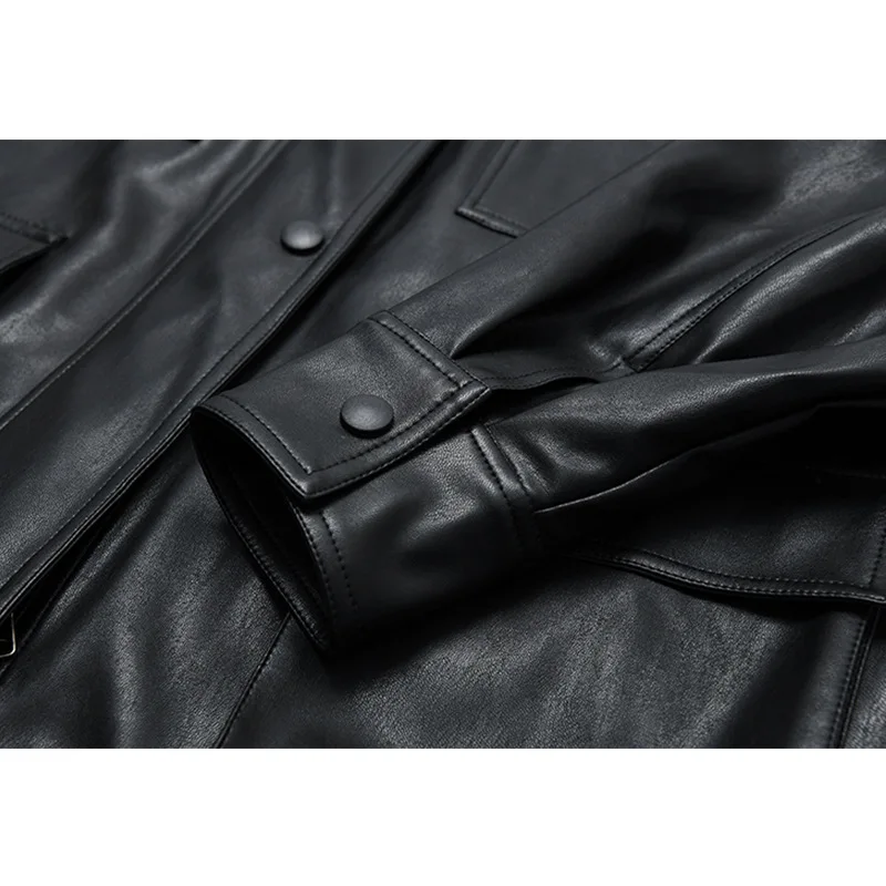 2023 Spring and autumn new leather coat women's motorcycle suit medium length retro loose black PU leather top