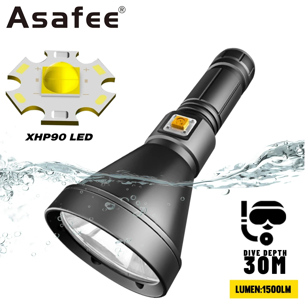 

Asafee D170 30M Underwater P90 LED 1500LM Diving Flashlight 200M Range Torch Waterproof Scuba Lantern Magnetic Switch High Light