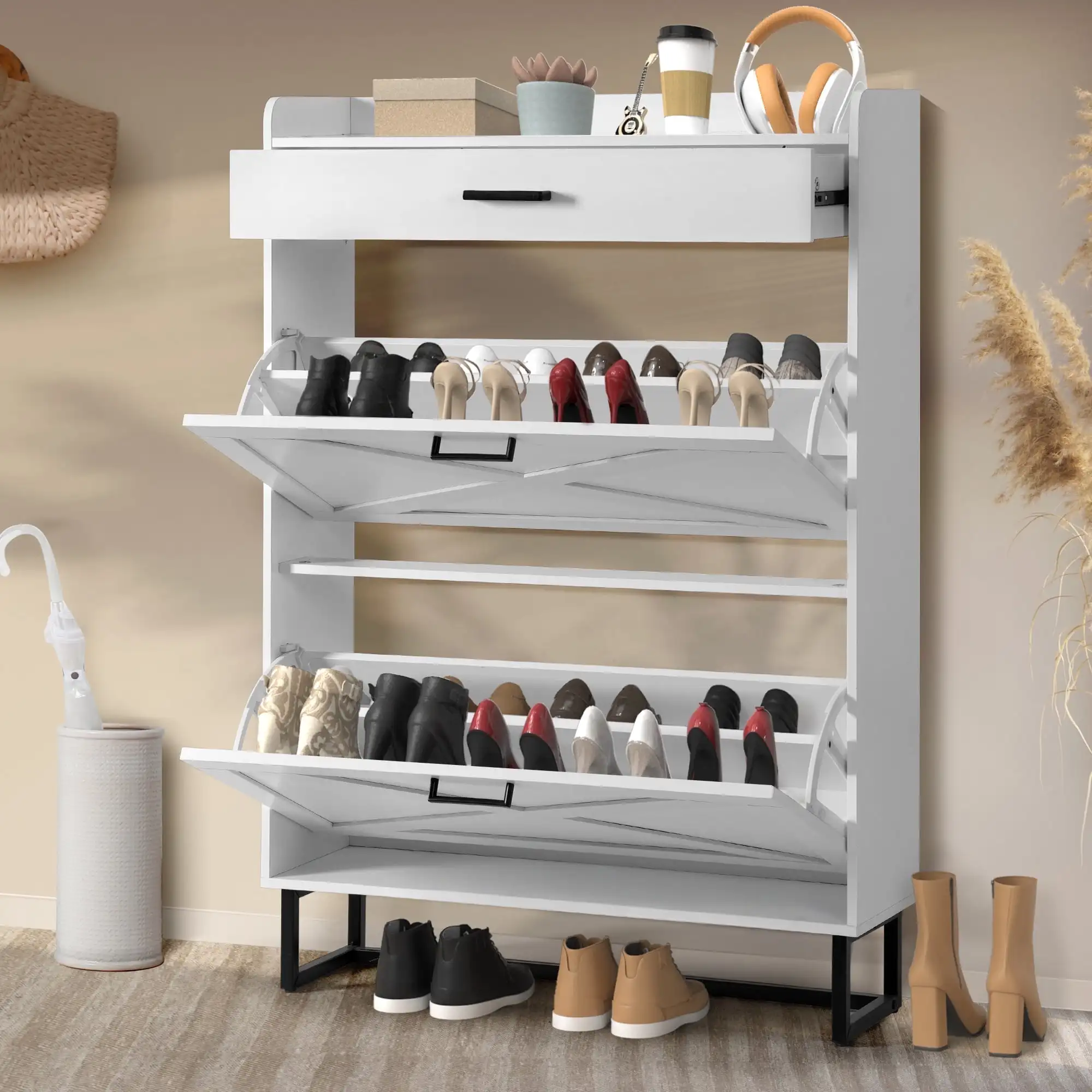 Современный белый шкаф для обуви с двумя откидными ящиками — полка отдельно