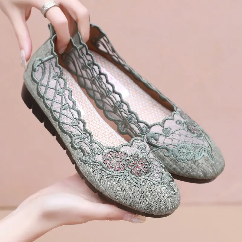 comfort soft sole summer female Retro embroidered ballet shoes women flats shoes breathable mesh canvas nurse shoes flats shoes