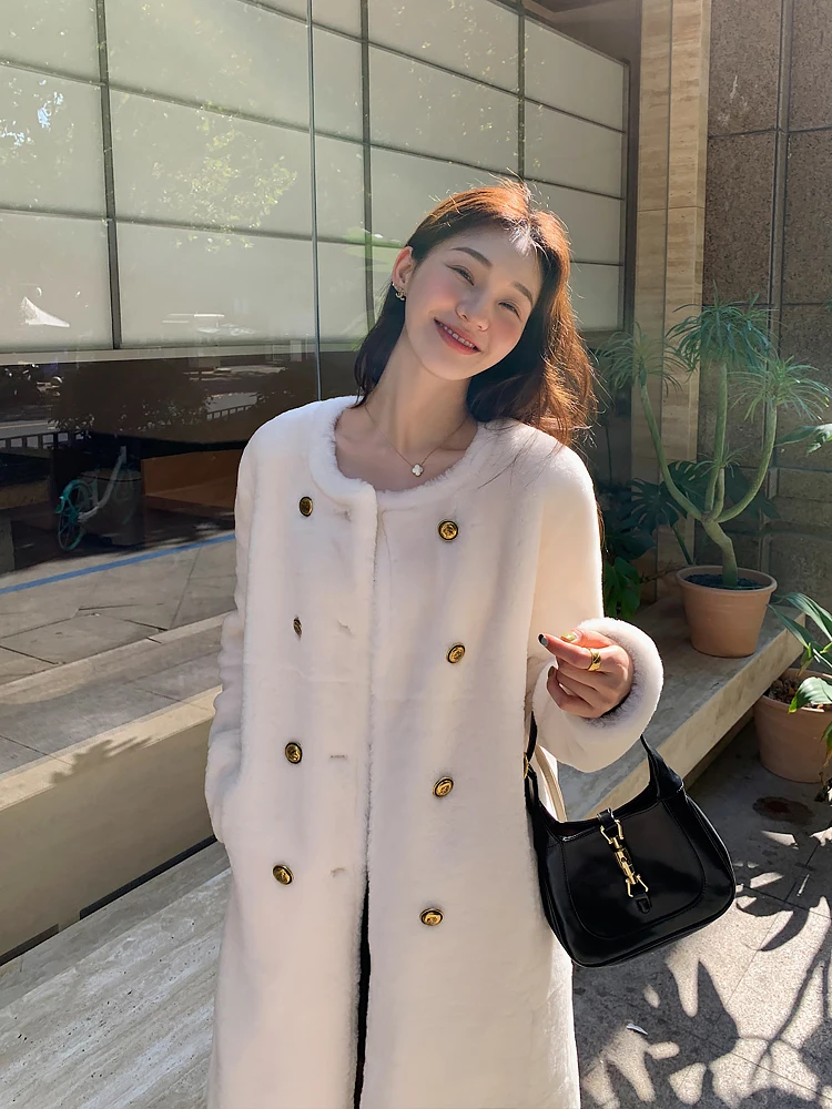 Fur Coat Women's Straight Loose Cashmere Lamb Wool Leather Fur Coat round Neck New