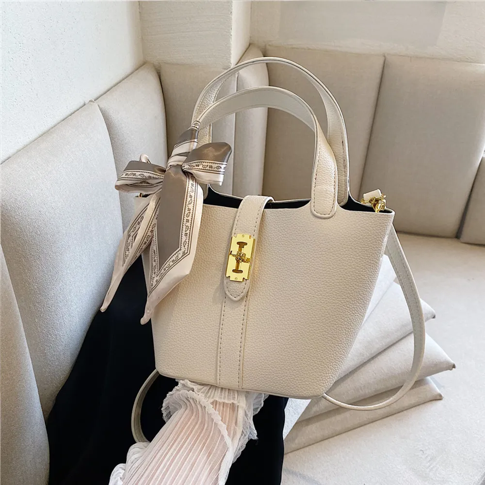 

Burminsa Scarf Designer Bucket Small Shoulder Crossbody Bags For Women 2022 Trends Fashion Brand Twist Lock Cute Ladies Handbags