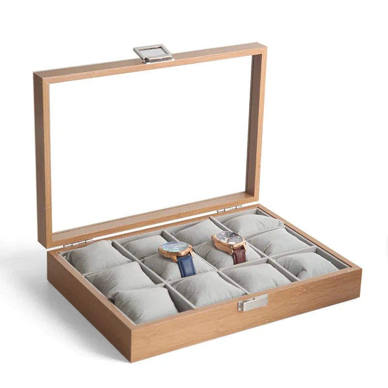 Organizzatore di scatole per orologi per uomo scatole di lusso in legno scatola di immagazzinaggio scatola di visualizzazione Retro cofanetto solido vetro trasparente 12 lotti cassa dell'orologio
