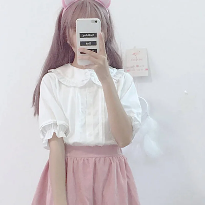 Белая рубашка HOUZHOU Kawaii с воротником Питер Пэн в стиле преппи женские милые топы