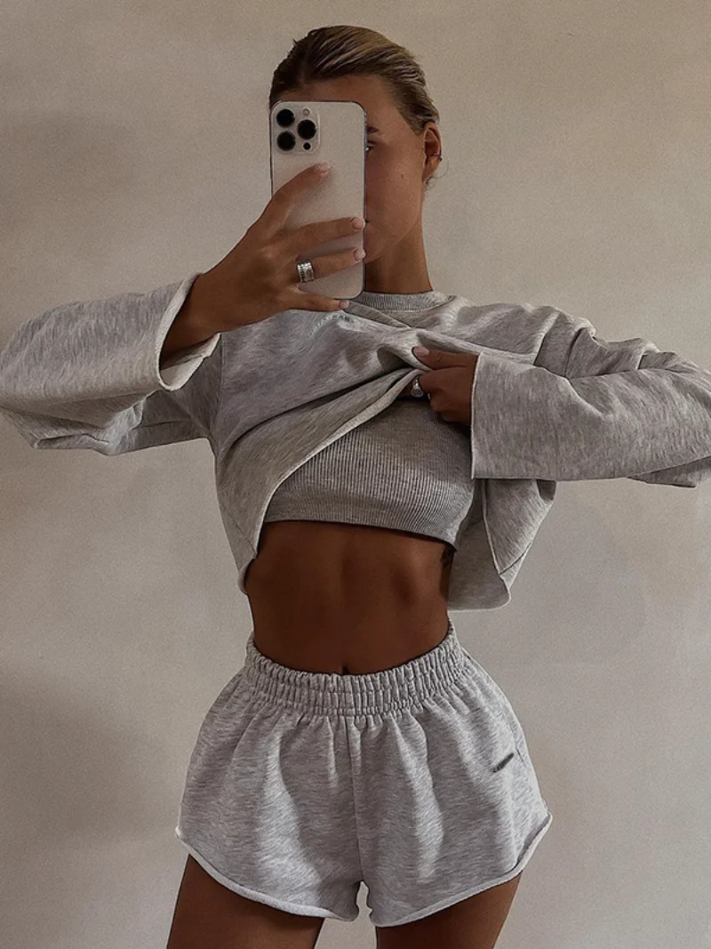 

Fashion Women's Tracksuits 2023 Autumn Casual O-neck T-shirt Tops High Waist Shorts 3 Pieces Set Streetwear Female Outfit Gray