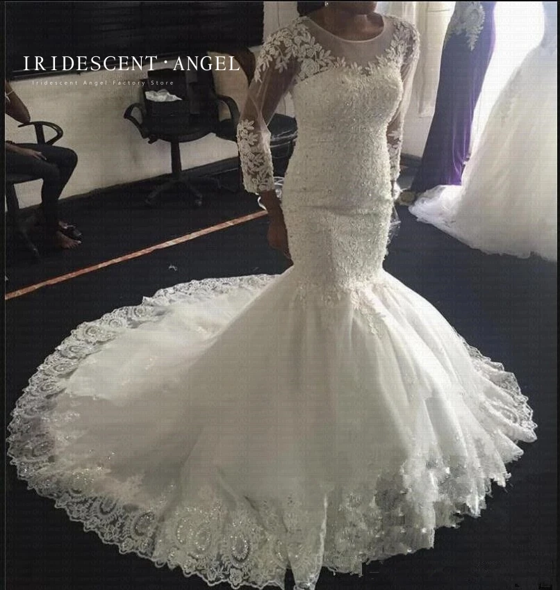 

IRIDESCENT Romantic Mermaid Wedding Dresses With Long Sleeves Appliques African Bridal Gown Vestido De Novia Sirena Plus Size