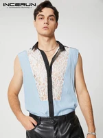 incerun tops 2022 american style mens slightly see through stitching blouse fashion lace cashew flower sleeveless shirts s 5xl