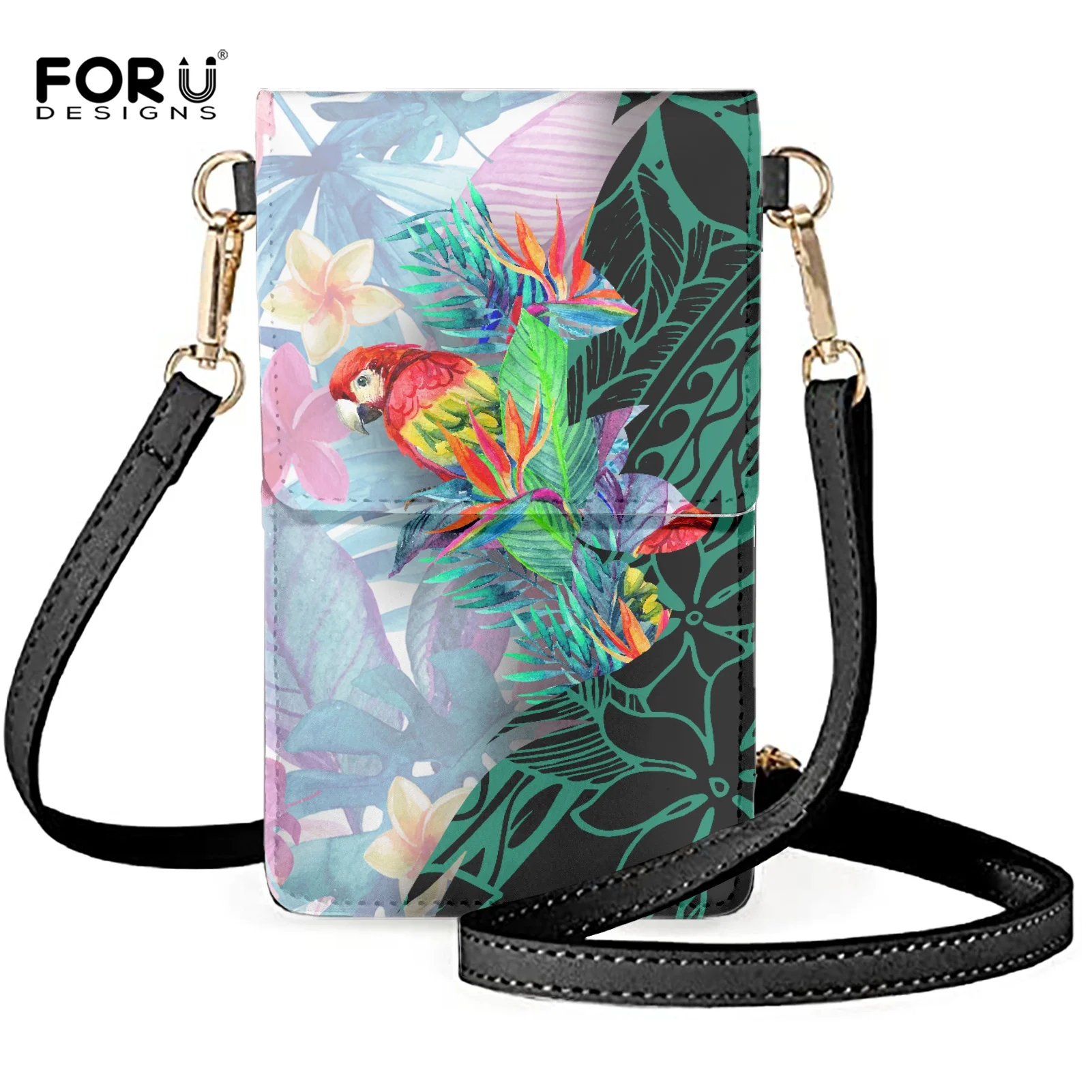 

Модные сумки FORUDESIGNS в виде попугая с полинезийскими цветами для женщин, женская мини кожаная сумка через плечо, сумка для мобильного телефон...