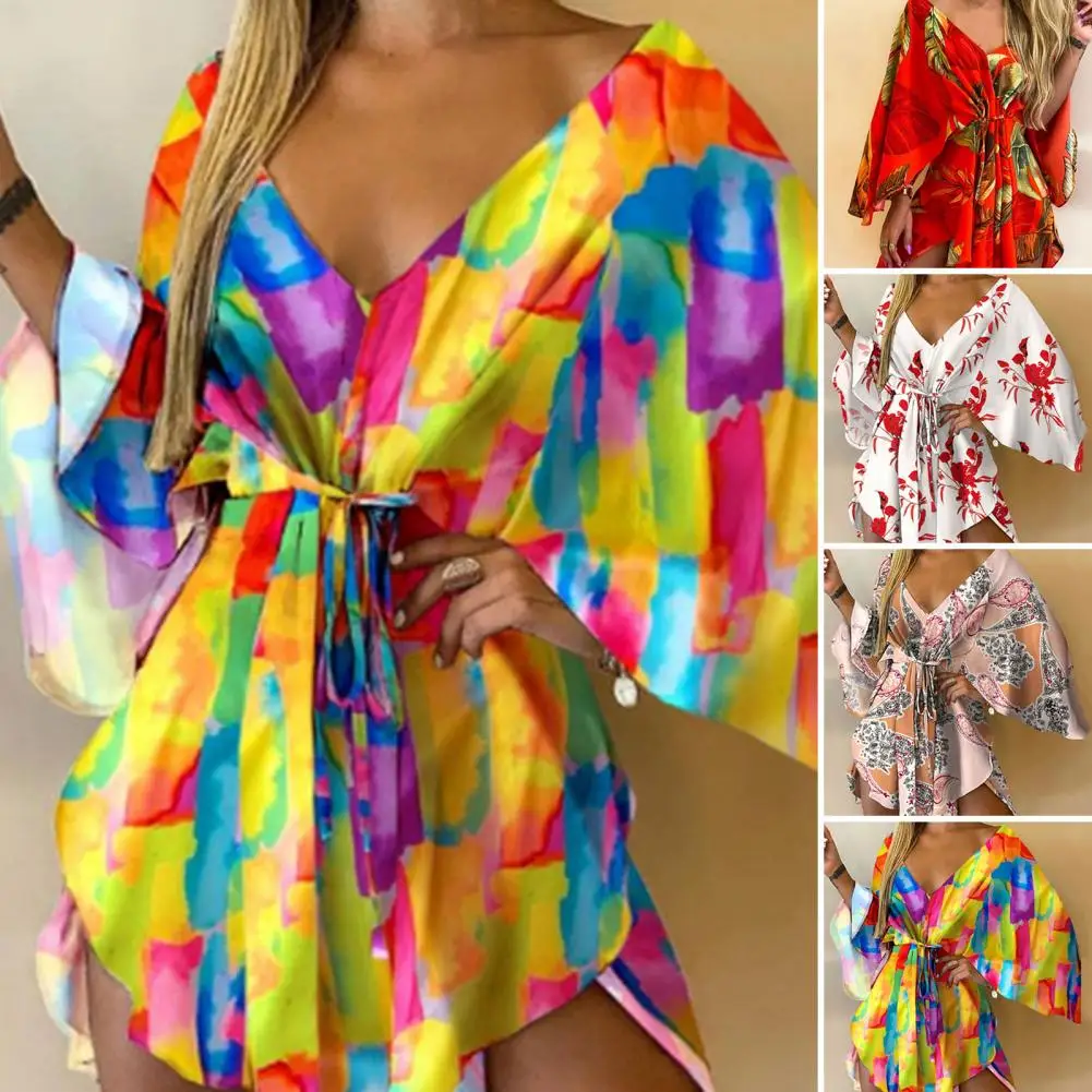 

V-Neck Batwing Sleeve Irregular Hem Holiday Dress Summer Waist Drawstring Tropical Leaves Print Mini Dress Female Clothes