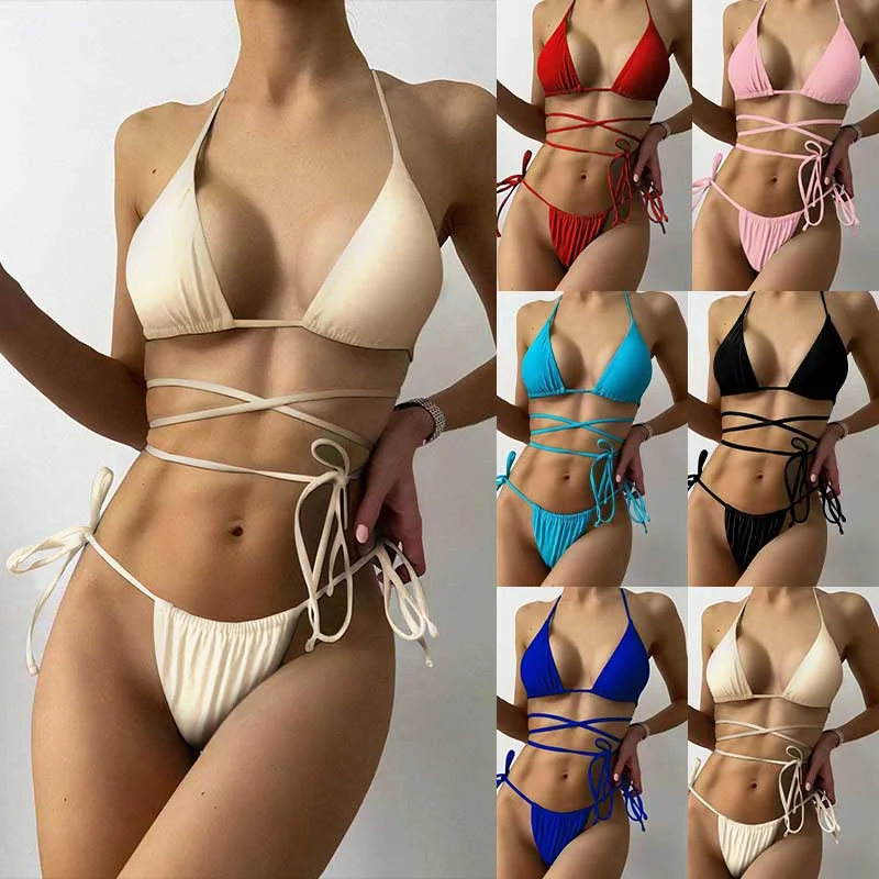 

2022 Sexy Bikini Multicolor Brazilian Thong Swimwear Women Bandage Solid Swimsuit Micro Beachwear Swimsuit Summer Bikini Set