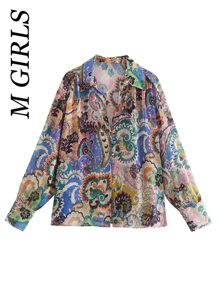M GIRLS Women Fashion Paisley Print Loose Shirts Vintage Long Sleeve With Covered Buttons Female Blouses Blusas Chic Tops