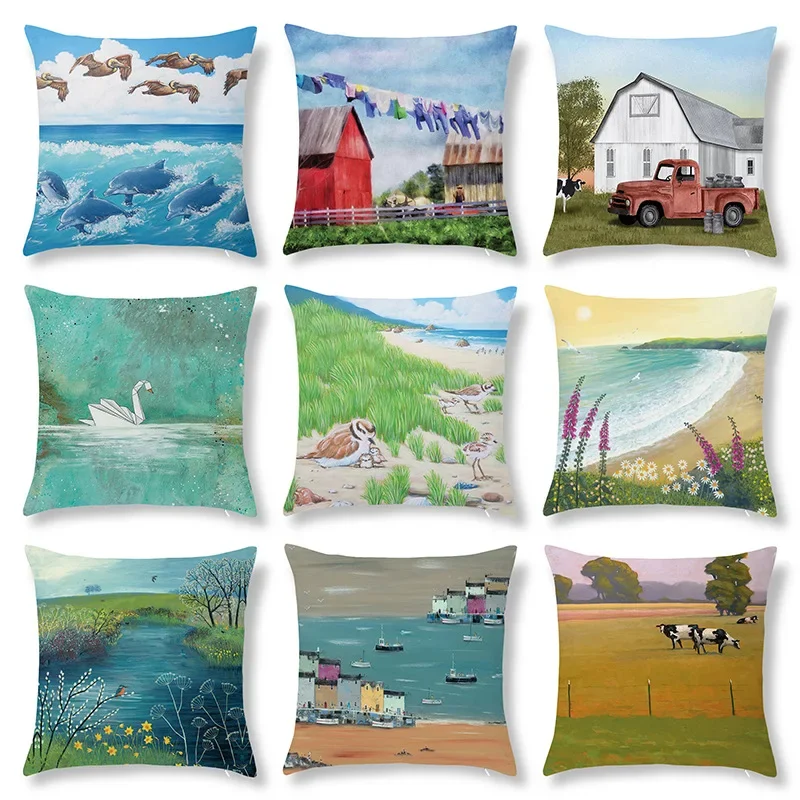 Подушка из персиковой кожи с изображением сада и города 45x45 см