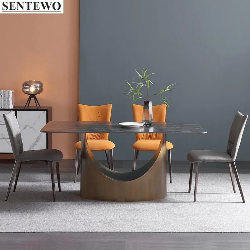 

Роскошный набор стульев из каменной плиты, кухонный обеденный стол с металлической титановой Золотой основой из искусственного мрамора, стол
