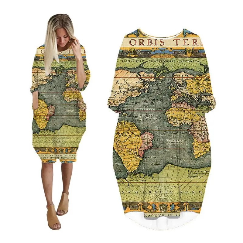 

Женские платья с карманами и длинным рукавом «летучая мышь», женская одежда в Корейском стиле, женская одежда больших размеров, женское платье, винтажная карта QU