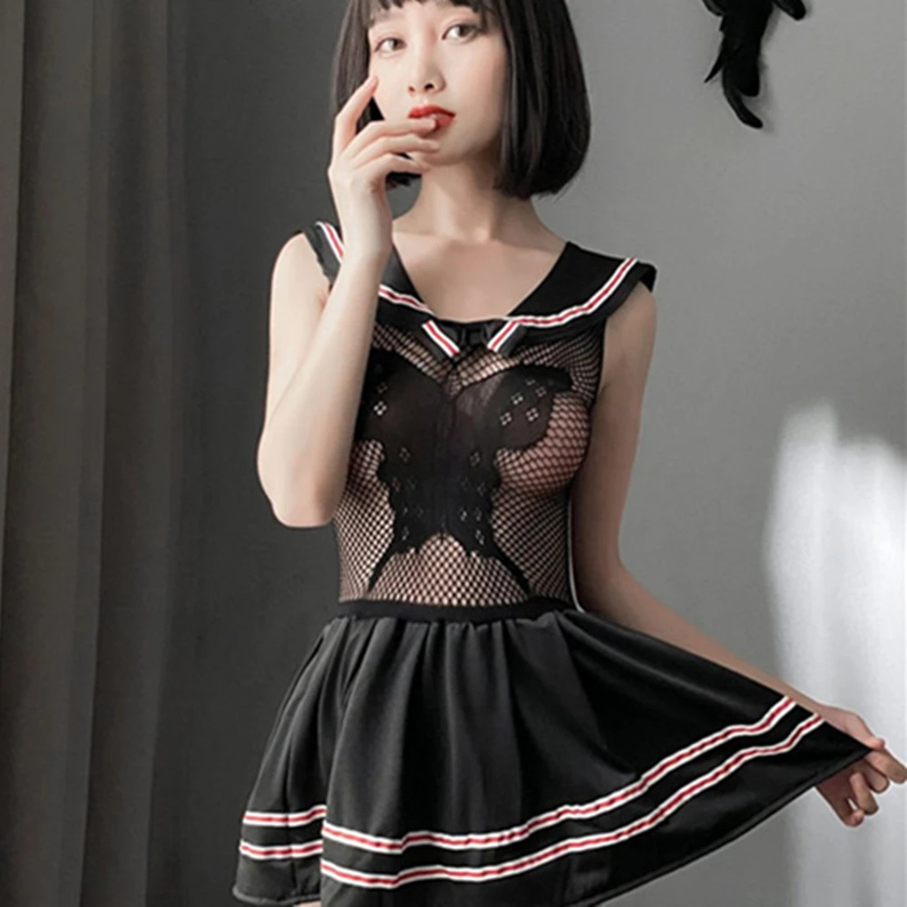 

Role Playing Sexy And Fun Lingerie Uniform Japanese Hiplength Sexy Mesh Dress With Lapel Butterfly Jacquard Student Suit