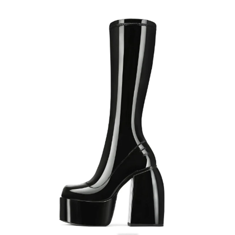 2022 Autumn Winter Outdoor Shoes Boot Fashion Block Heel Shoes Simple Solid Women's Knee High Boots Short Platform