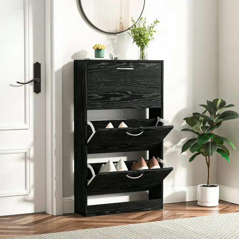 

3-Flip Drawers Shoe Cabinet, Freestanding Shoe Cupboard Organizer, Entryway Shoe Storage Organizer for Home or Office, Black