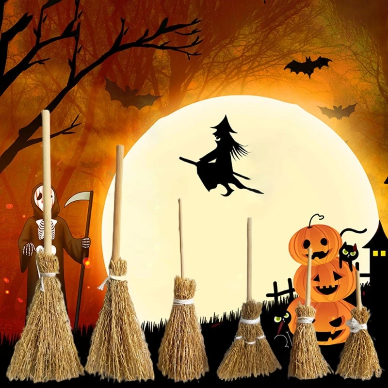 

H55A 12Pcs Miniature Artificial Mini Straw Broom with Rope Halloween Hanging Decoration Toys DIY Dollhouse Witch Accessories