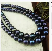 double strands 9-10mm tahitian black blue baroque pearl necklace 18"17"