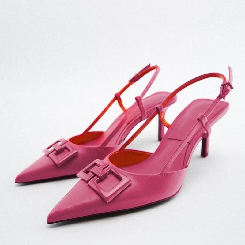 

New 2022 Rose Red Pointed Toe Shallow Mouth Slingback Muller Stiletto High Heels Women's Back Strap White-toed Women's Sandals