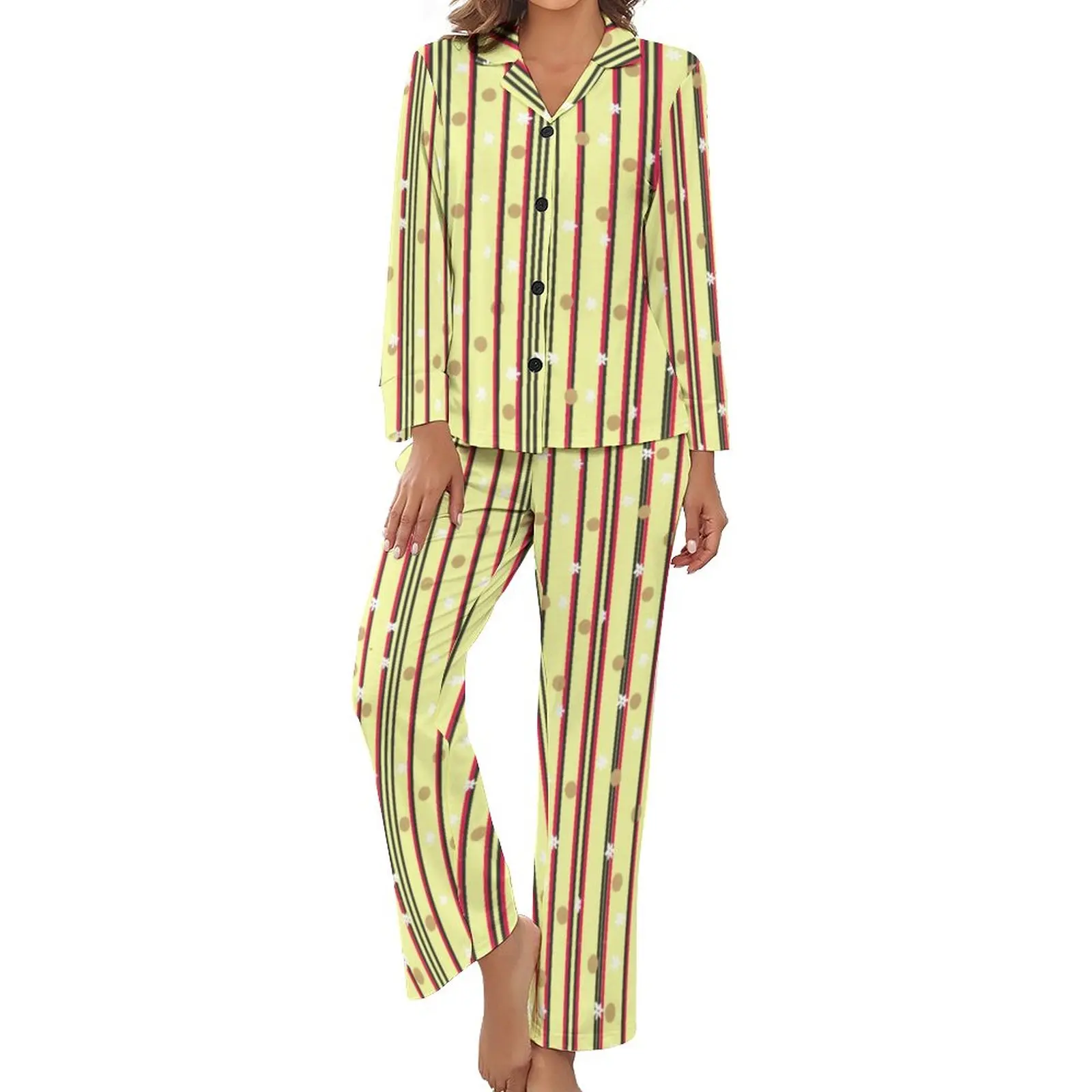 

Polka Dots And Stripes Pajamas Female Vertical Line Kawaii Home Suit Spring Long Sleeve 2 Piece Casual V Neck Print Pajama Sets