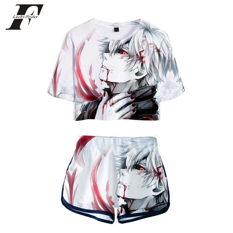 

Popular Creative Tokyo Ghoul 3d Printed Two Piece Set Women Sexy Shorts+lovely T-shirt Cute Classic Dew navel Sport Girl suits