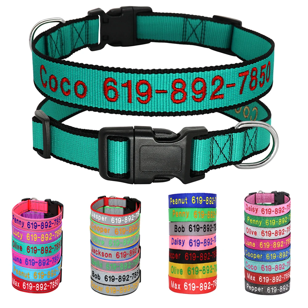 

Adjustable Nylon Embroidered Dog Collar Custom ID Name Accessories Pet Collars For Small Medium Large Dogs Pets Supplies Perro