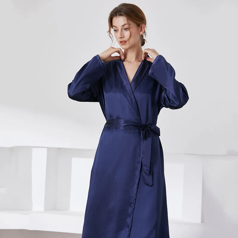 Women Long Sleeve Sleepwear Surplice Maxi Dress Robe Nightgown with Belt