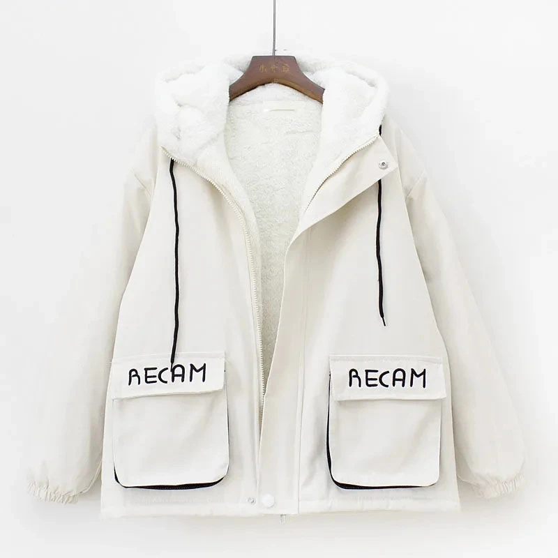 Women Korean Harajuku Hooded Loose Warm Coats Autumn Winter Plus Velvet Thickening Tooling Jackets Pocket Letter Printing Coat