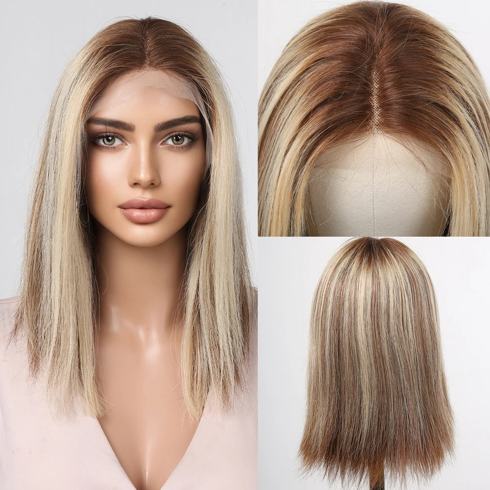 Blonde Wig Human Hair Bob Highlight Lace Front Wigs Women American T-Part Lace Frontal with Pre Plucked Baby Hair Remy Female