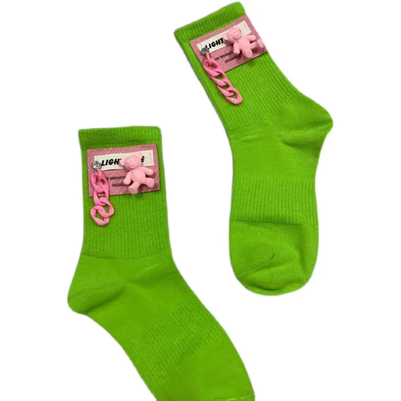 Age Reducing Cute Bear Chain Pink Students Cotton Socks Trendy All-match Net Red All Seasons Wearing Medium Tube Stockings 2023