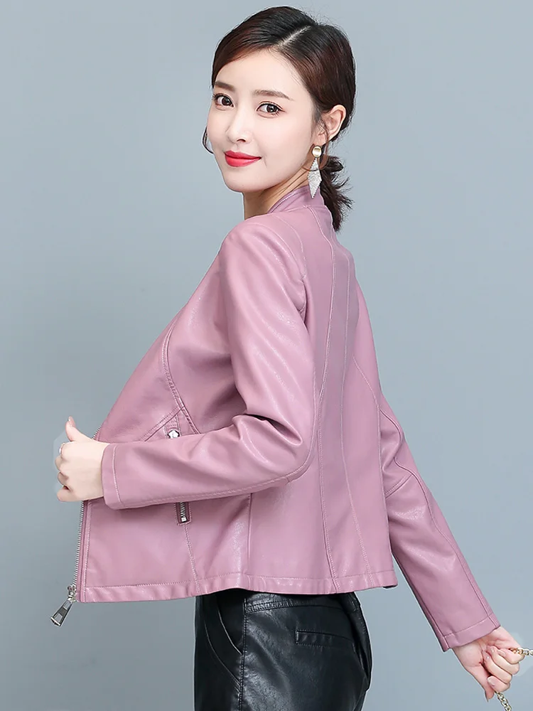 New Women Leather Jacket Spring Autumn Fashion Trend Small Stand Collar Slim Waist Split Leather Short Coat Cool Pink Outerwear