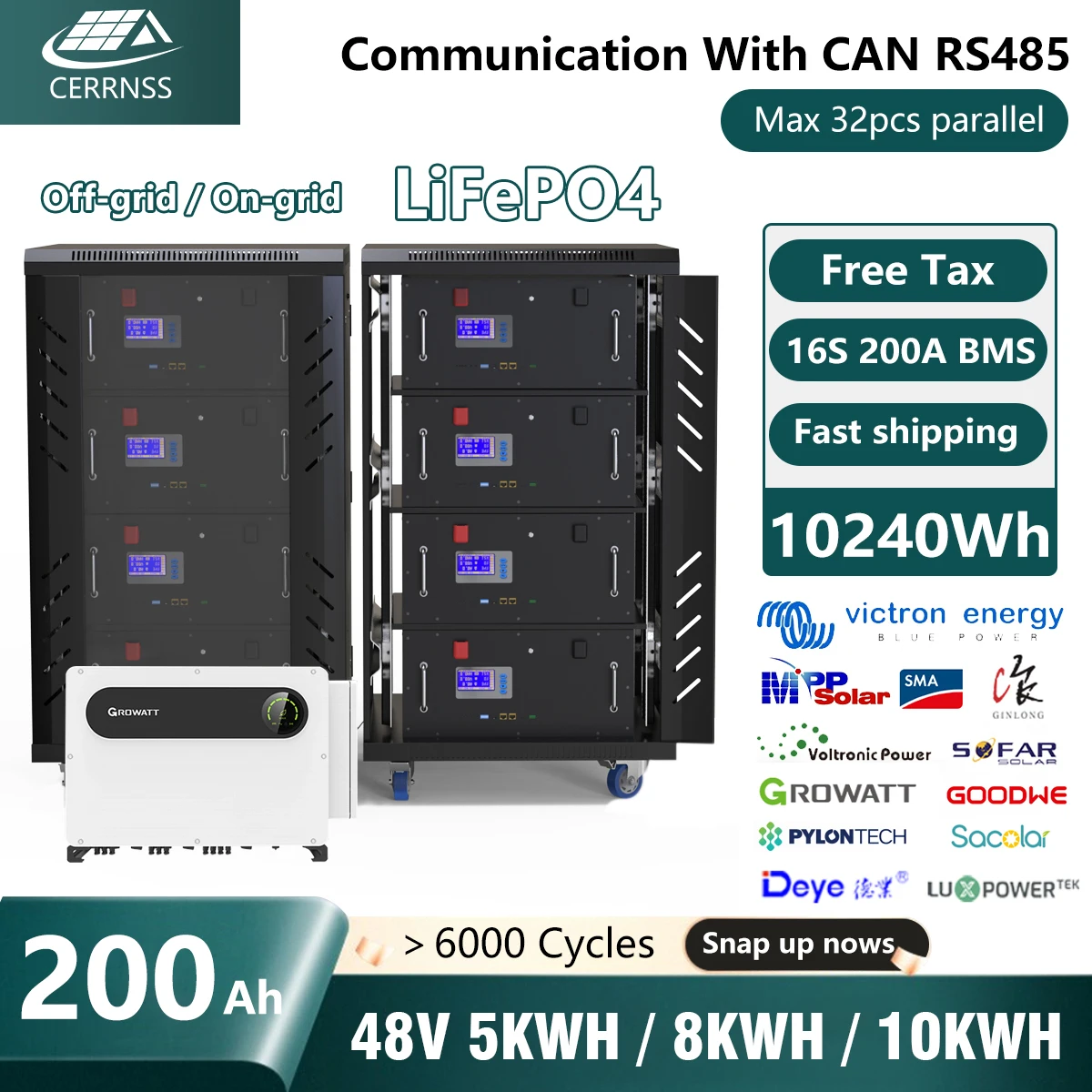 Литиевый Аккумулятор LiFePO4 10 кВт 48 В 6000 а/ч + циклов макс. 32 параллельных шт. с RS485 CAN