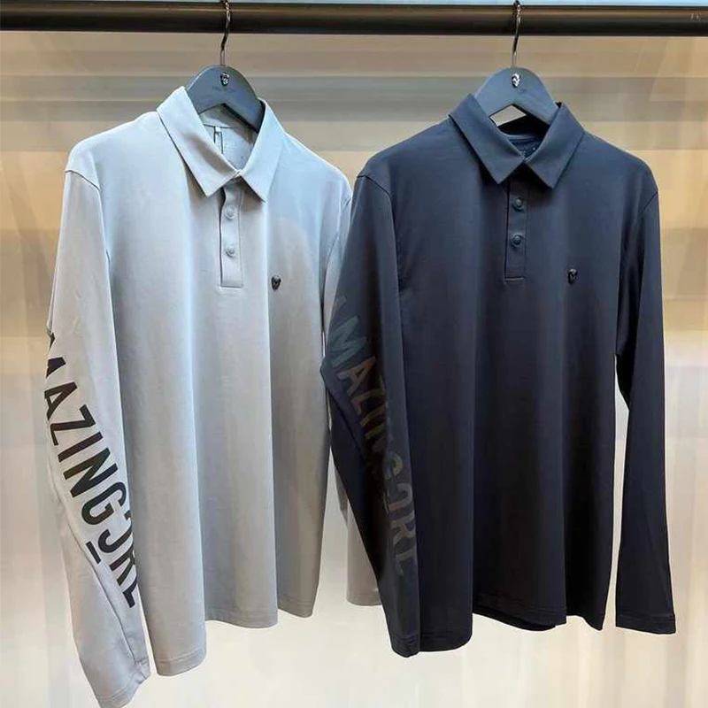 

Amazing cre Golf Spring Summer Thin Versatile Print polo shirt Letter Men's and Women's Elastic Long Sleeve Bottom Slim Fit