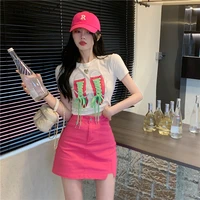 womens skirt set two piece suit summer new sexy woman short sleeved short tshirts and high waist slimming short pink skirts