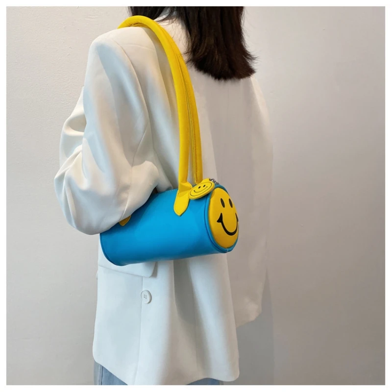 

LC Children's New Candy Color Stylish Barrel Shaped Shoulder Bag Cylinder Smile Cute Girls Underarm Bag Mini Tote 2022 Trend Bag