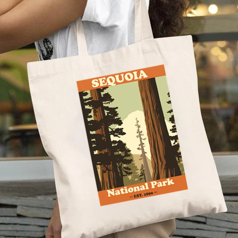 

Холщовые женские сумки для покупок Sequoia с принтом в национальном парке, винтажные растительные сумки на плечо, ранцы для учеников, повседневные дамские сумочки