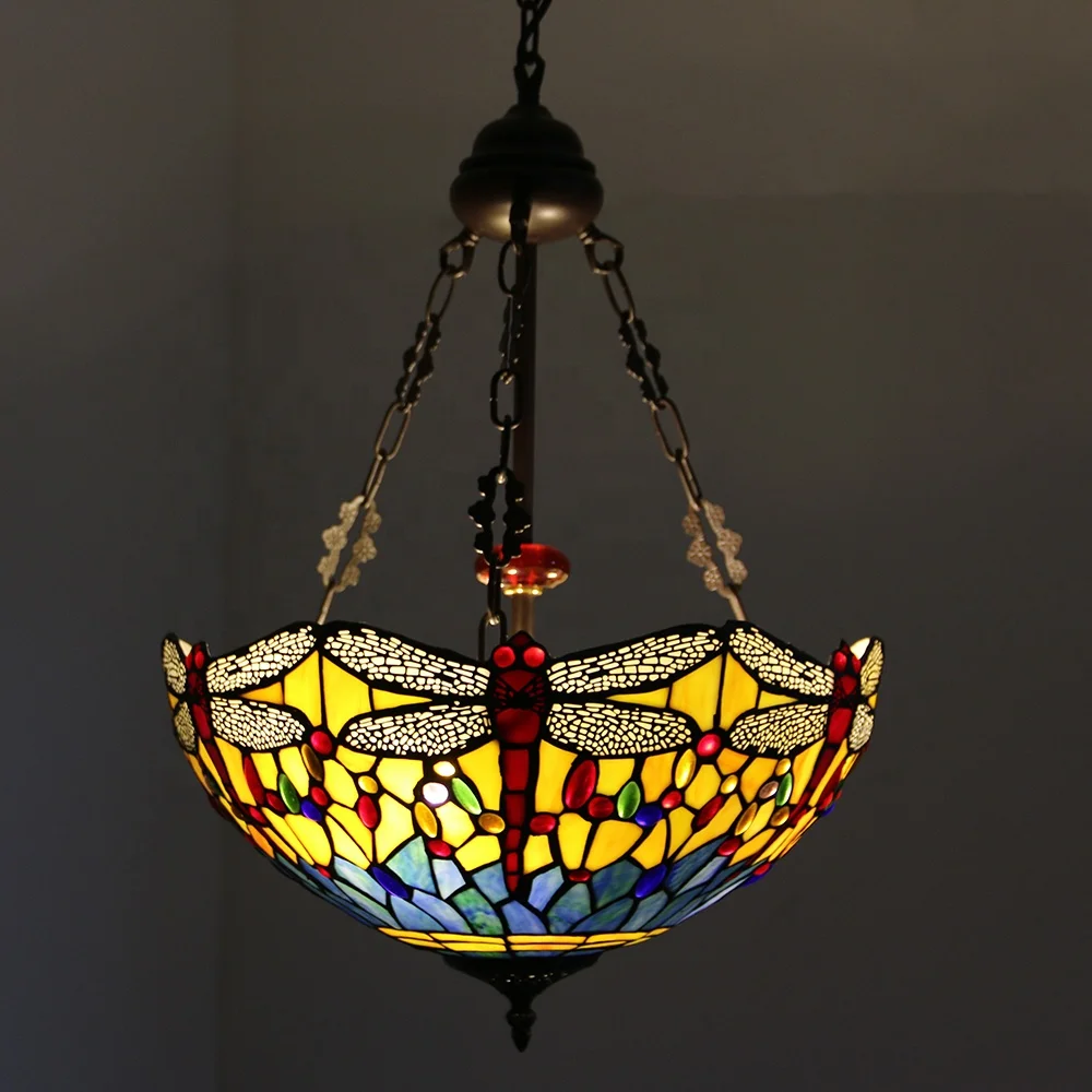 

LongHuiJing High End Quality Tiffany Vintage Lamp Stained Glass Lampshade Chandelier Dragonfly Medium Inverted Ceiling Lights