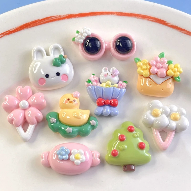 

New Resin Kawaii Mini Iovely Glasses, Bouquet, Duck, Tree, Rabbit Head Series 10Pcs Scrapbook DIY Decorative Accessories