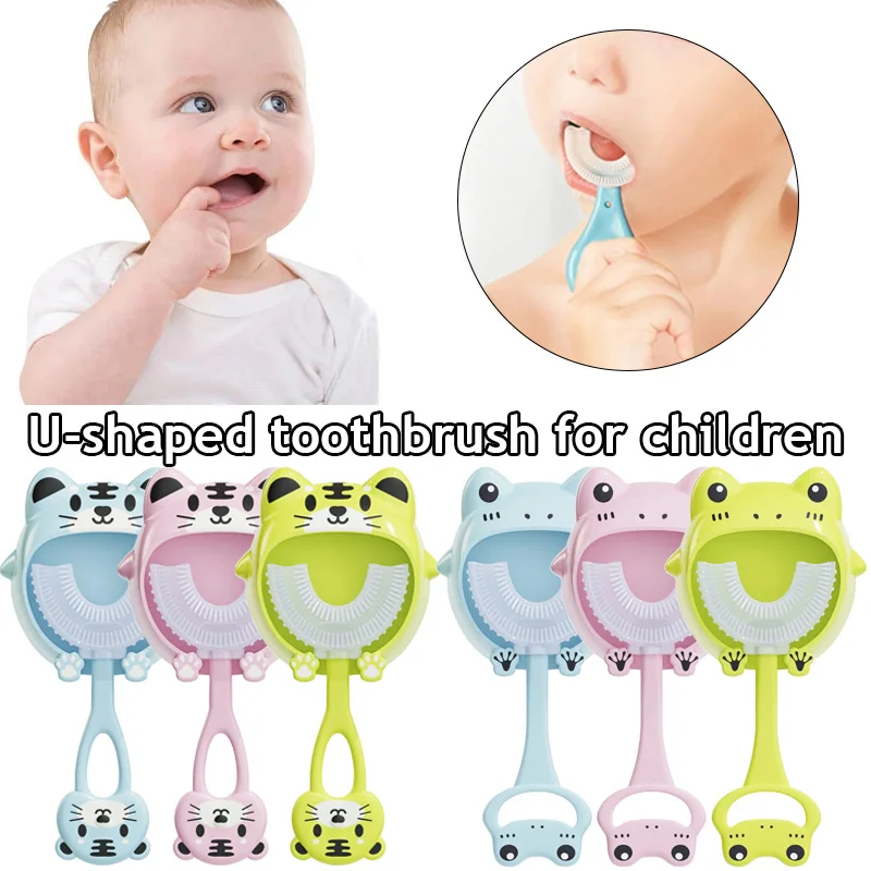 

Kids Toothbrush Cartoon Frog Print With Holder U-shape Children's Silicone Cleaning 2-12years